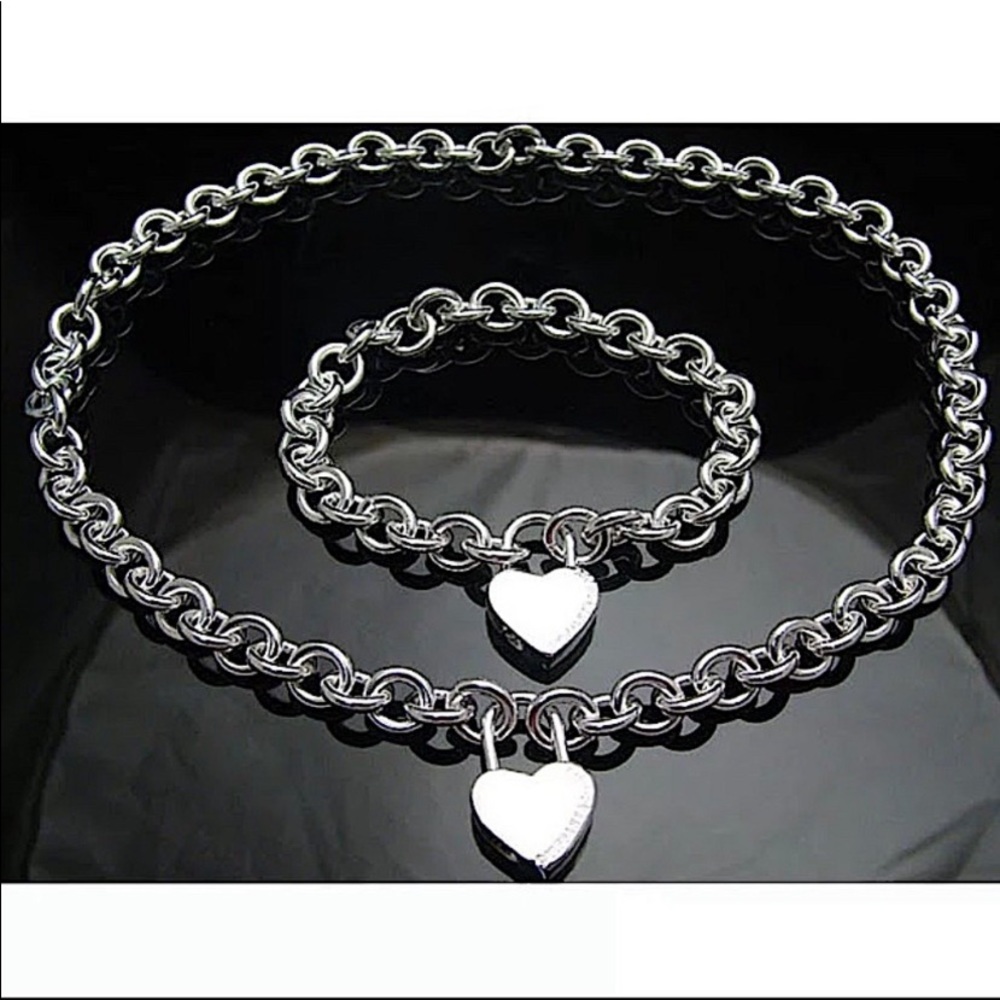 Sterling Silver Heart Lock Necklace Bracelet Chain Link Matching Set - Picture 3 of 6